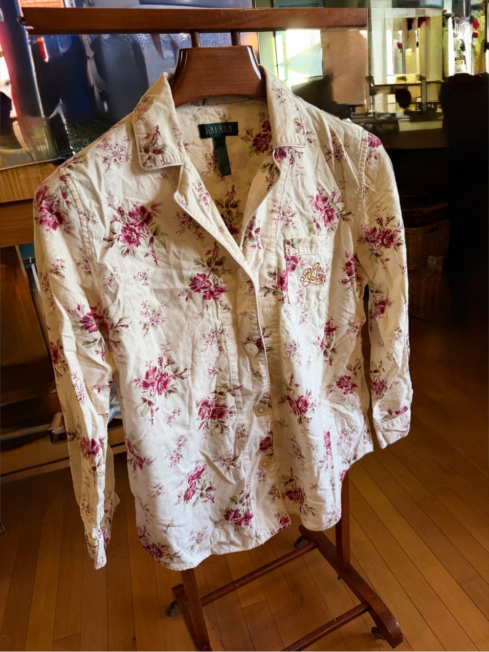 Lauren Ralph Lauren Cream Flannel Pajamas with Pink Floral Pattern